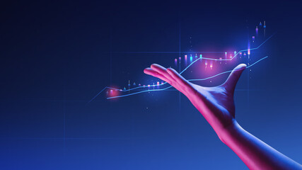 Businessman holding investment finance chart stock market business and exchange financial growth graph virtual technology economy digital analysis on success background with marketing data diagram.