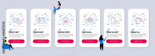 Set of line icons, such as Calendar, Start business, Web mail icons. UI phone app screens with teamwork. Online buying, Hold smartphone, Coffeepot line symbols. Vector