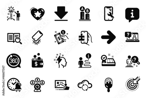 Vector Set of Business icons related to Downloading, Smartphone broken and Alarm bell icons. Ice cream, Ab testing and Video conference signs. Photo studio, Brainstorming and Next. Faq. Vector