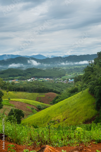 Aerial view of endless lush pastures of CHIANGRAI. View of Mae Ngoen Subdistrict Chiang Saen District Chiang Rai.