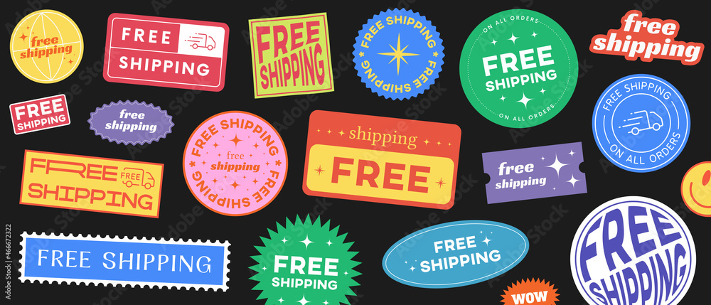 Free Shipping Stickers Background Vector Design. Cool Retro Delivery Patches Collection. - obrazy, fototapety, plakaty 