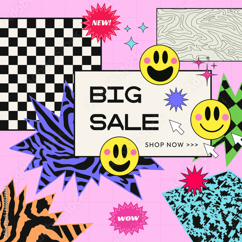 Cool Abstract Memphis Big Sale Banner. 90s style illustration. Retro Pop Funny Artwork.
