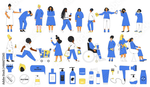 Illustration of women with types of curly hair, cosmetics, tools and accessories for curly girl method.