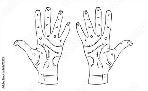  Hand reading is a concept of palmistry. Hand with signs vector illustration.