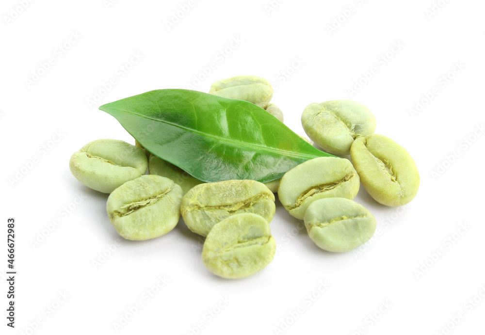 Green coffee beans and fresh leaf on white background Green coffee beans and fresh leaf on white background