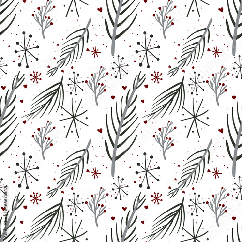 Christmas seamless pattern with snowflakes, tree branches, balls. Scandinavian style vector for paper, wallpaper, fabric, interior design.