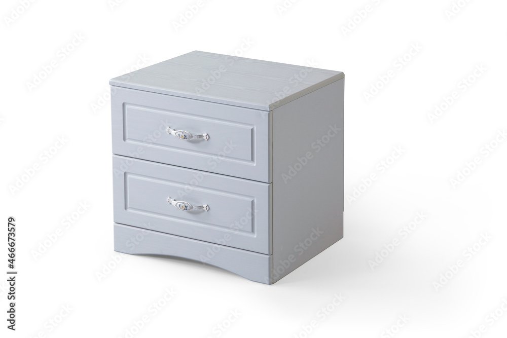 white wood bedside table . Modern designer nightstand isolated on white background corner view. cabinet with two drawers
