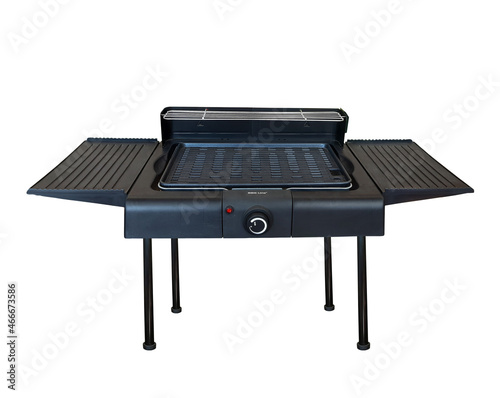 There is an electric grill with legs. White background. Isolated.