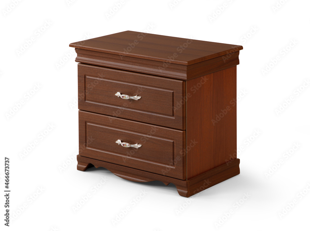 brown wood bedside table . Modern designer nightstand isolated on white background corner view. cabinet with two drawers brown wood bedside table . Modern designer nightstand isolated on white background corner view. cabinet with two drawers