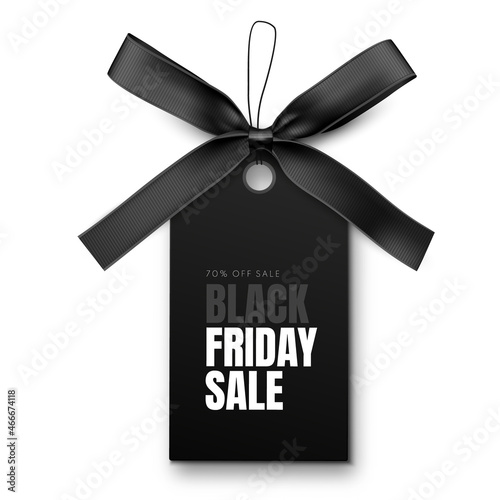 Black Friday sale label with black bow and black ribbon isolated on white background. Vector illustration