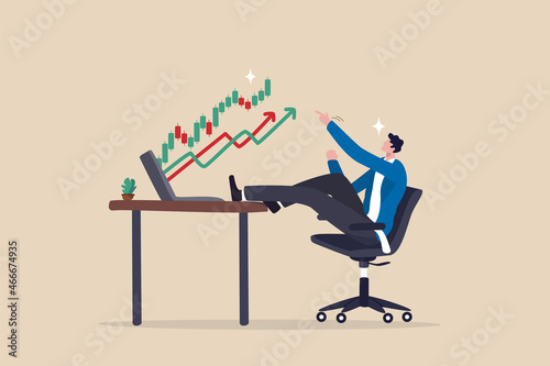 Success online trader, stock market and crypto currency internet trading, earn money from investment technical analysis concept, happy young adult man make money by trading online on laptop computer.