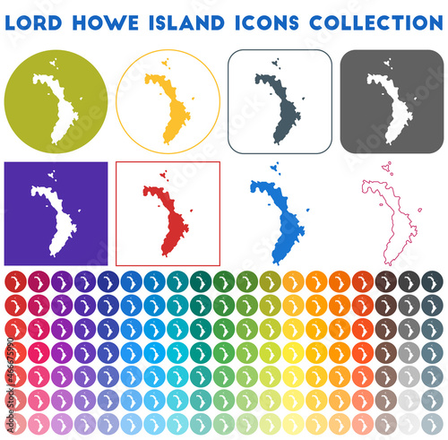 Lord Howe Island icons collection. Bright colourful trendy map icons. Modern Lord Howe Island badge with island map. Vector illustration.