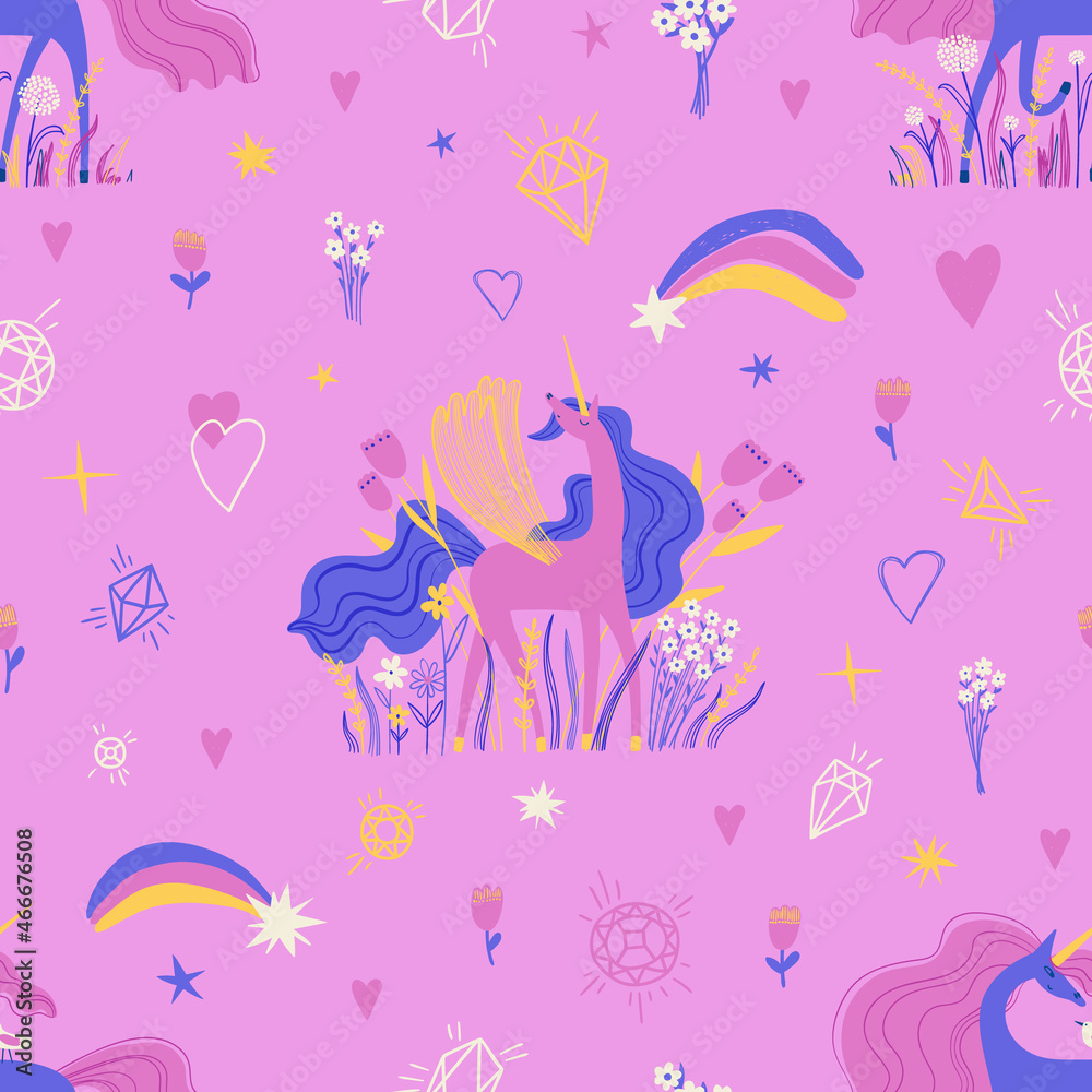 Floral seamless pattern with cute unicorns.