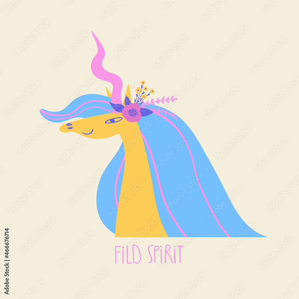Fairytale unicorn portrait illustration.