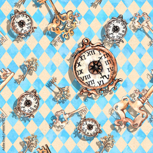 Alice in Wonderland cute watercolor objects set seamless pattern