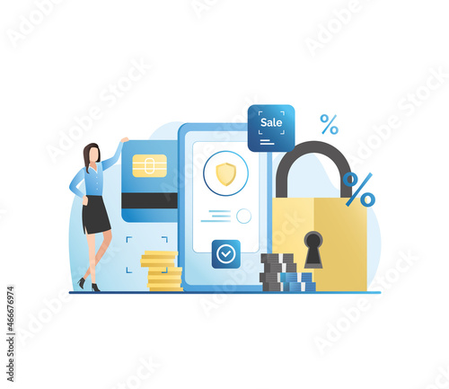 Vector woman with smartphone, credit card. Protection of data, electronic money, coins on Internet under lock, shield. Girl pays online with debit card for purchases, orders. Successful transaction.