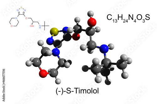 Chemical formula, structural formula and 3D ball-and-stick model of timolol, white background photo