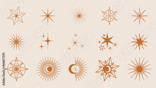Vector set of linear icons and symbols - stars, moon, sun -  abstract design elements for decoration or logo design templates in modern minimalist style