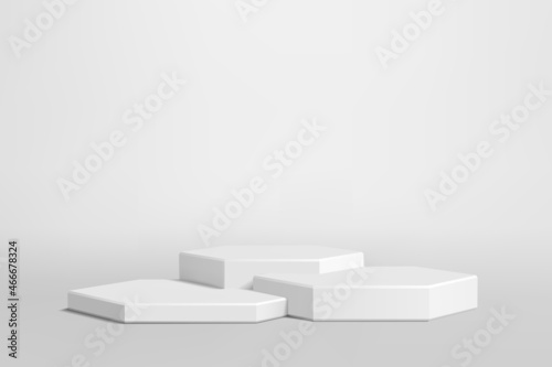 White podium on gray background. Realistic vector illustration. White round pedestal for mockups.