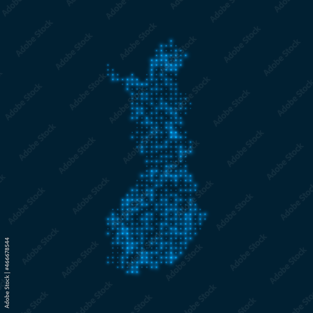 Fototapeta premium Finland dotted glowing map. Shape of the country with blue bright bulbs. Vector illustration.