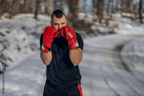 Strong boxer with boxing gloves standing in nature at snowy winter day and sparring. Boxing in nature, healthy life, winter sport © dusanpetkovic1