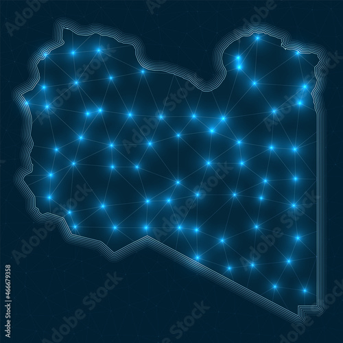 Libya network map. Abstract geometric map of the country. Digital connections and telecommunication design. Glowing internet network. Charming vector illustration.