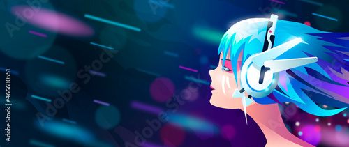 Futuristic girl with blue hair wearing headphones. Bright neon light, drops, flashes. Sci fi. Vector illustration.	
