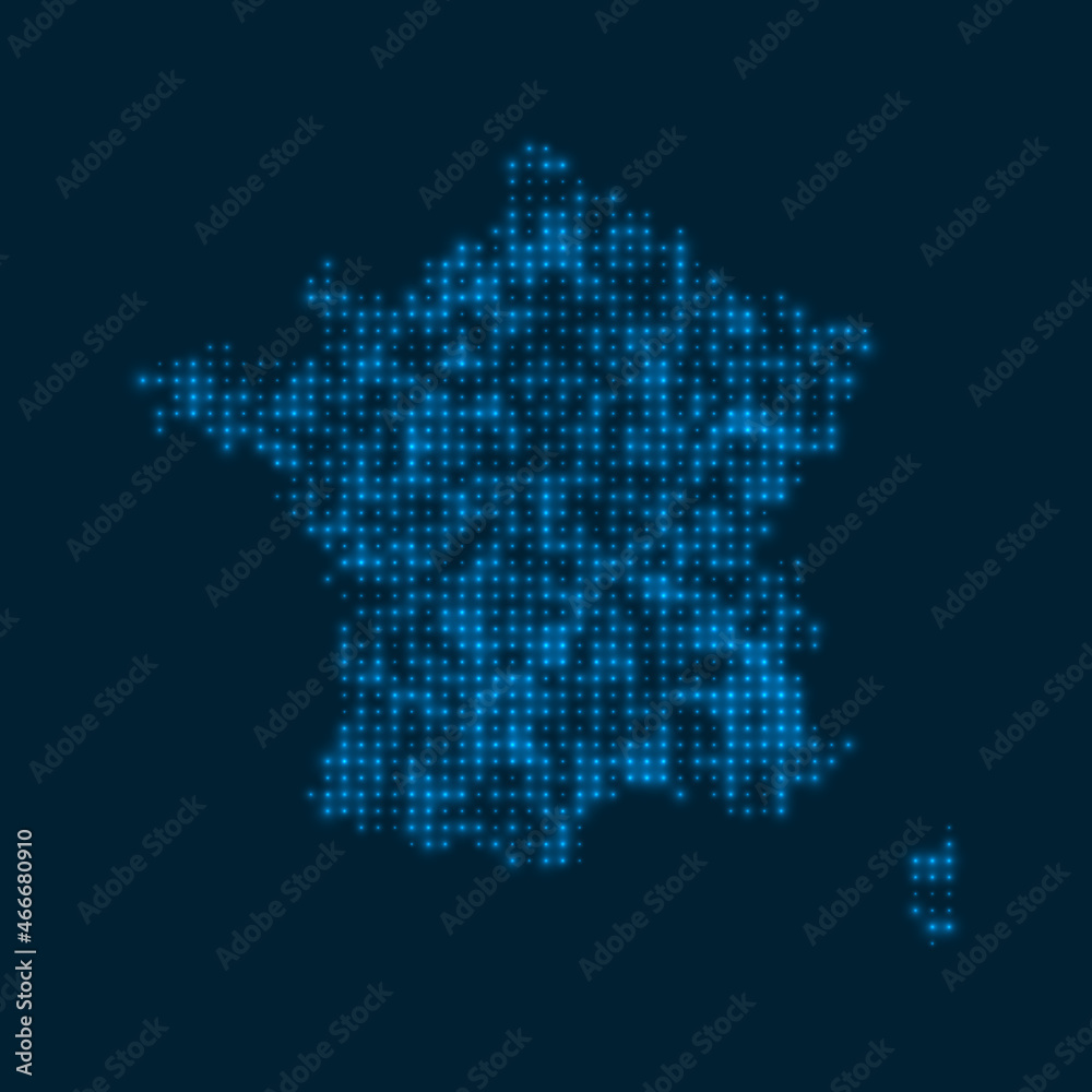 France dotted glowing map. Shape of the country with blue bright bulbs. Vector illustration.