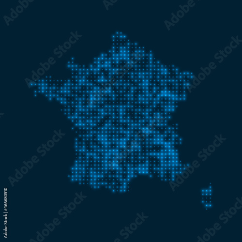 France dotted glowing map. Shape of the country with blue bright bulbs. Vector illustration.