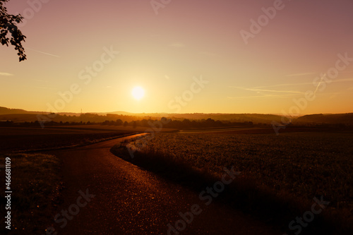 Bild auf Leinwand Goldener Sonnenaufgang in Deutschland, Feldweg, Ländlicher