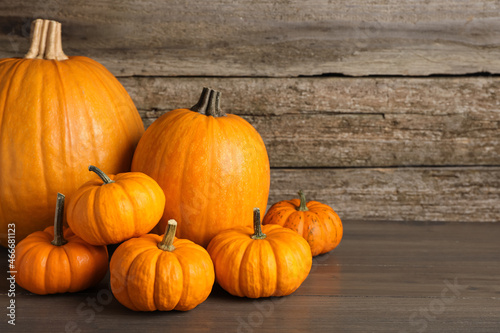 Fresh ripe pumpkins on wooden table  space for text