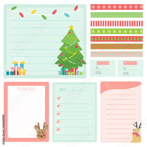 Christmas paper note set. Stationary set. Scrapbook notes and cards.Printable planner stickers. To Do List note. Template for your message. Decorative planning element. Vector illustration.