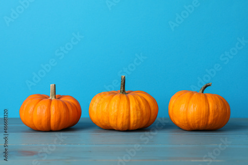 Fresh ripe pumpkins on turquoise wooden table, space for text