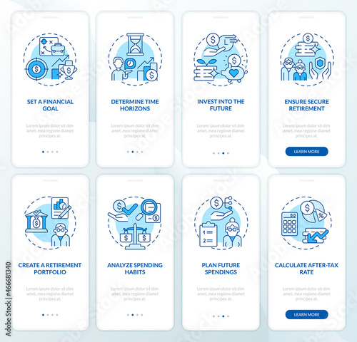 Saving for pension onboarding mobile app page screen. Ensure secure retirement plan walkthrough 4 steps graphic instructions with concepts. UI, UX, GUI vector template with linear color illustrations
