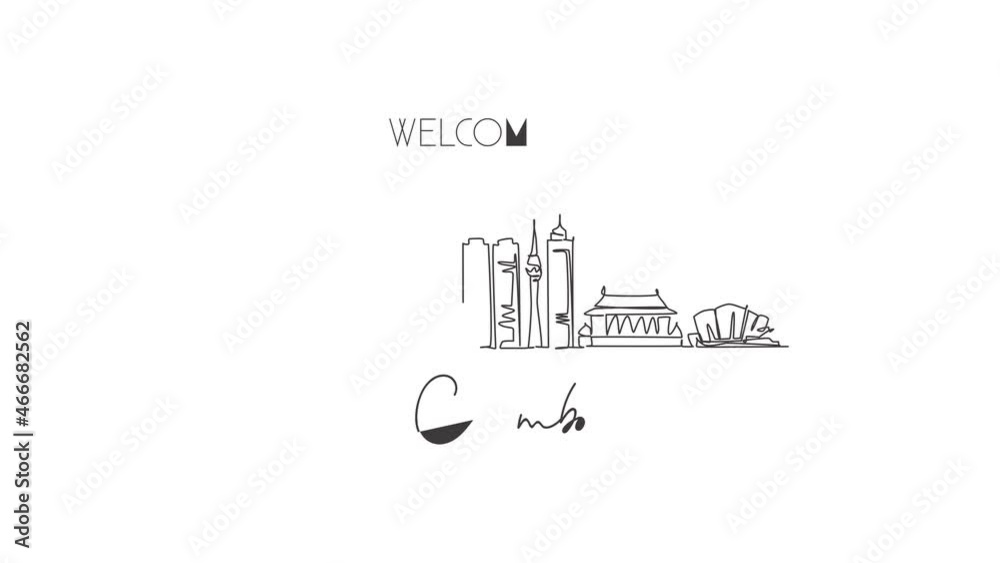 Animated self drawing of one continuous line draw Colombo city skyline, Sri Lanka. Beautiful landmark postcard. World landscape tourism travel vacation. Editable full length single line animation. Animated self drawing of one continuous line draw Colombo city skyline, Sri Lanka. Beautiful landmark postcard. World landscape tourism travel vacation. Editable full length single line animation.