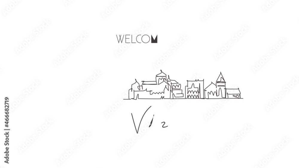 Animated self drawing of continuous line draw Vaduz skyline, Liechtenstein. Famous city scraper landscape home decor poster print. World travel destination concept. Full length one line animation.