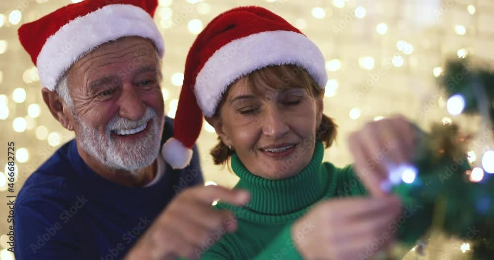 Cheerful bearded elderly father and middle aged daughter in Santa hats celebrating Christmas Eve and hanging bauble on fir tree at home Cheerful bearded elderly father and middle aged daughter in Santa hats celebrating Christmas Eve and hanging bauble on fir tree at home