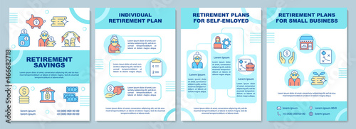 Retirement savings plans brochure template. Various saving options. Flyer, booklet, leaflet print, cover design with linear icons. Vector layouts for presentation, annual reports, advertisement pages