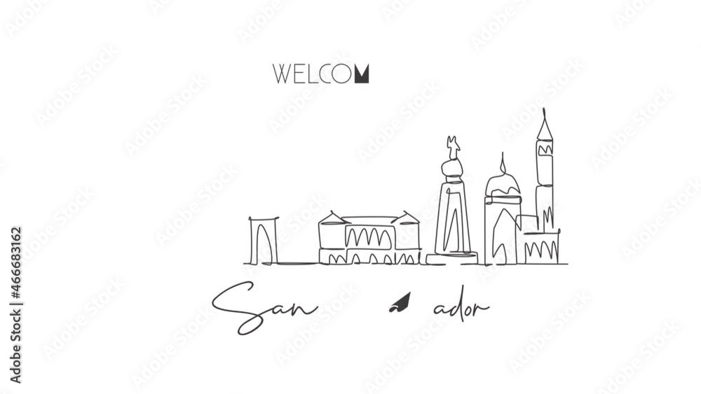 Animated self drawing of continuous line draw San Salvador city skyline, El Salvador. Beautiful landmark postcard. World landscape tourism travel vacation. Editable full length single line animation. Animated self drawing of continuous line draw San Salvador city skyline, El Salvador. Beautiful landmark postcard. World landscape tourism travel vacation. Editable full length single line animation.