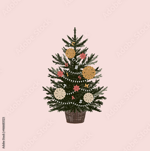 Boho style christmas tree with the paper decorations. Hygge fir-tree in a basket. Rustic tree. Vector illustration