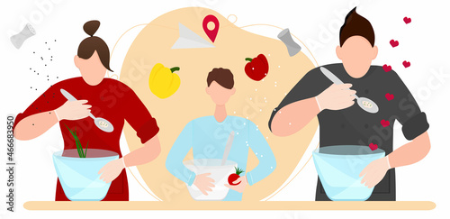  Illustration of the concept of cooking and tasting, hobby, competition. The chef's family cooks a dish and a bunch of vegetables in the kitchen - mom, dad, son. Vector illustration in flat style