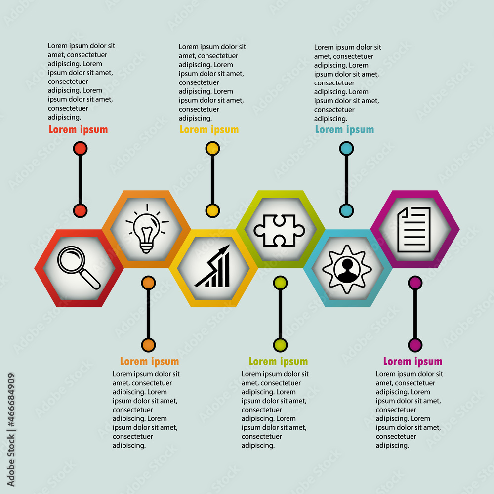 Vector infographic design of a business template with icons and 6 ...