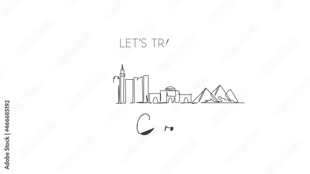 Animated self drawing of single continuous line draw Cairo city skyline, Egypt. Famous city scraper and landscape home wall decor poster print art. World travel concept. Full length one line animation Animated self drawing of single continuous line draw Cairo city skyline, Egypt. Famous city scraper and landscape home wall decor poster print art. World travel concept. Full length one line animation