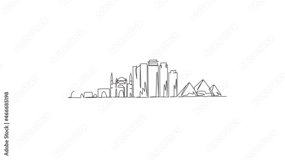 Animation of one single line drawing of Cairo city skyline, Egypt. Historical town landscape postcard print. Best holiday destination. Editable continuous line self draw animated. Full length motion. Animation of one single line drawing of Cairo city skyline, Egypt. Historical town landscape postcard print. Best holiday destination. Editable continuous line self draw animated. Full length motion.