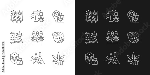 Cannabis usage linear icons set for dark and light mode. Marijuana culture. Recreational use. Hemp shipping. Customizable thin line symbols. Isolated vector outline illustrations. Editable stroke