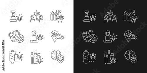 Marijuana plant use linear icons set for dark and light mode. Cannabis laws. Herbal medicine. Hemp fabric. Customizable thin line symbols. Isolated vector outline illustrations. Editable stroke
