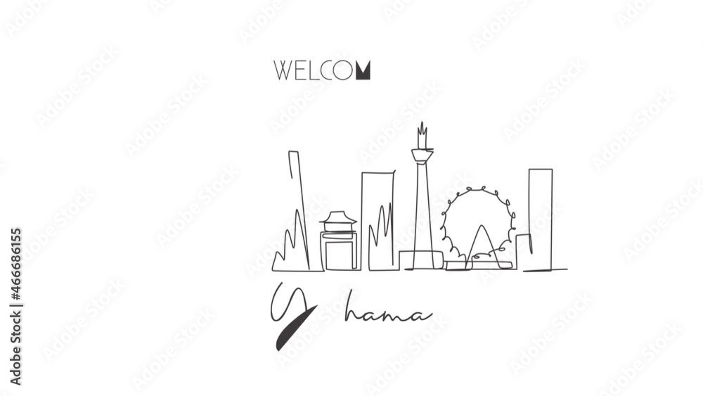 Animated self drawing of one continuous line draw Yokohama city skyline, Japan. Beautiful landmark. World landscape tourism and travel vacation poster. Editable full length single line animation. Animated self drawing of one continuous line draw Yokohama city skyline, Japan. Beautiful landmark. World landscape tourism and travel vacation poster. Editable full length single line animation.