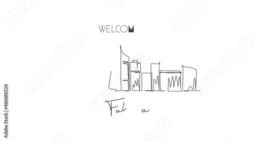 Animation of one line drawing of Fukuoka city skyline, Japan. Historical town landscape in the world. Best holiday destination poster. Editable continuous line self draw animated. Full length motion. photo