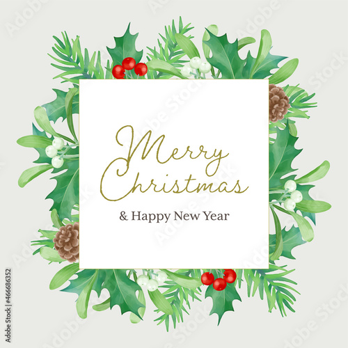 Christmas card drawing watercolor. Vector template for new year design with frame.