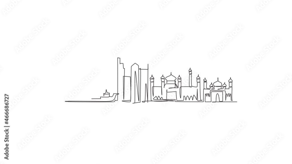 Animated self drawing of continuous line draw Bandar Seri Begawan city skyline, Brunei Darussalam. Famous city landscape. World travel concept wall decor poster print. Full length one line animation. Animated self drawing of continuous line draw Bandar Seri Begawan city skyline, Brunei Darussalam. Famous city landscape. World travel concept wall decor poster print. Full length one line animation.
